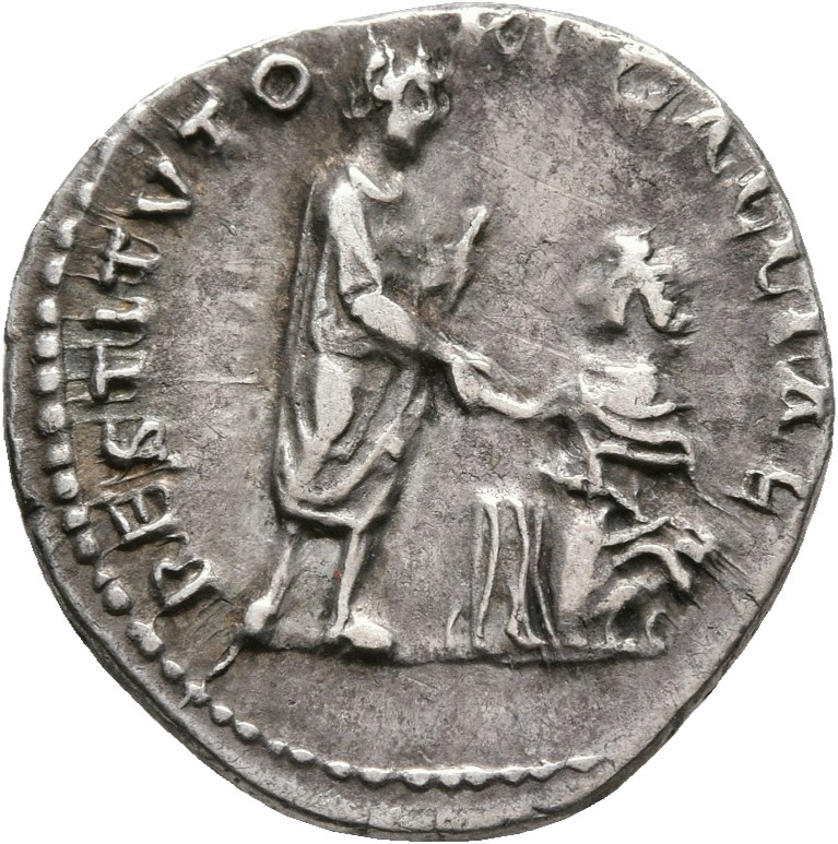 RIC II, Part 3 (second edition) Hadrian 1575 Hadrian reverse, Hadrian standing right, holding scroll and raising kneeling ...