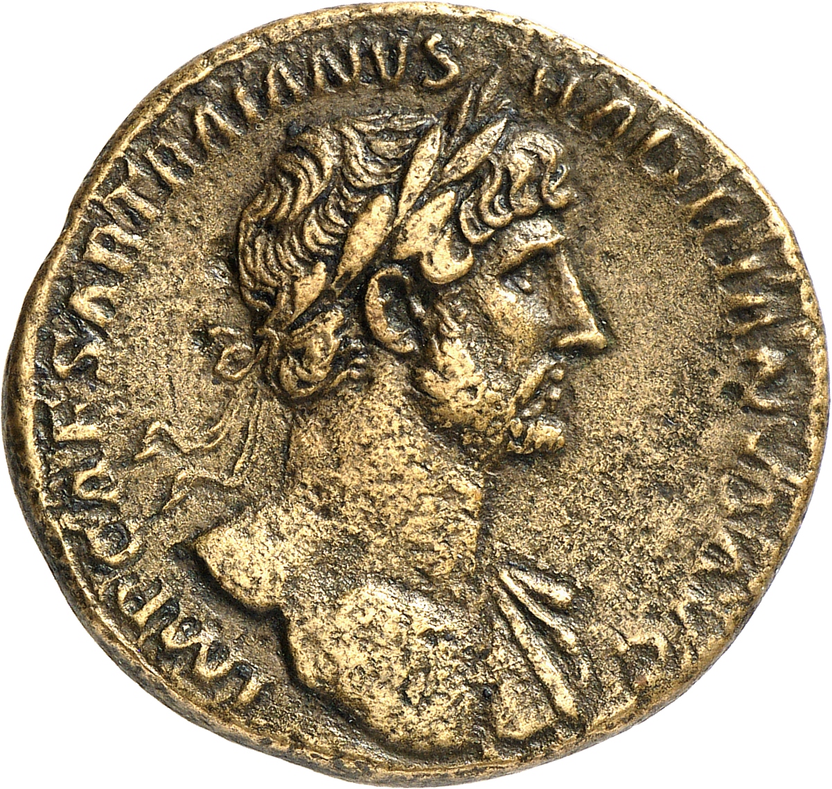 RIC II, Part 3 (second edition) Hadrian 160 Hadrian obverse, Bust of Hadrian, laureate, bare chest, traces of drapery on f...