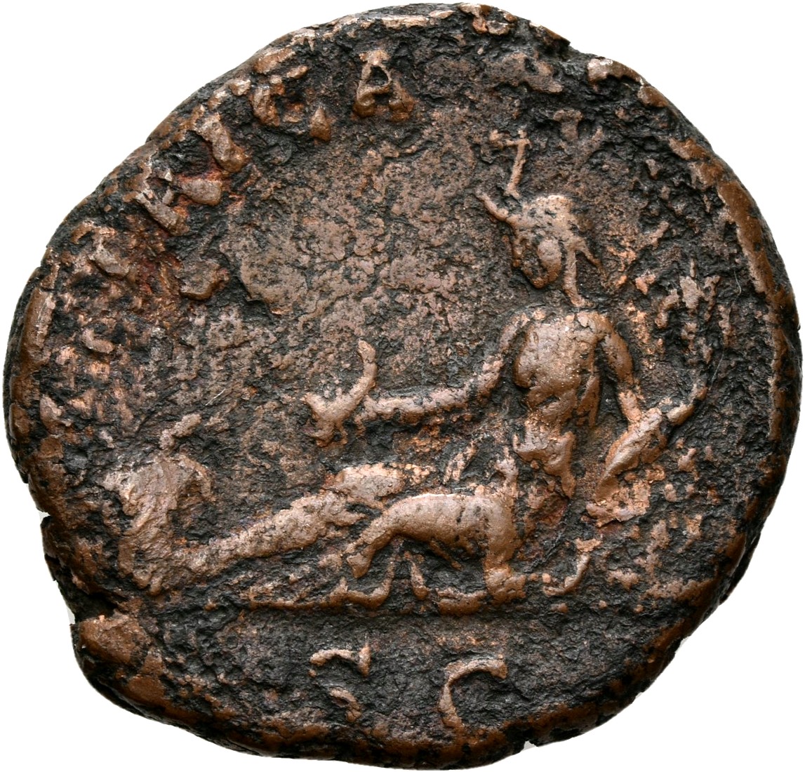 RIC II, Part 3 (second edition) Hadrian 1614 Hadrian reverse, Africa, wearing elephant scalp, reclining left, holding scor...