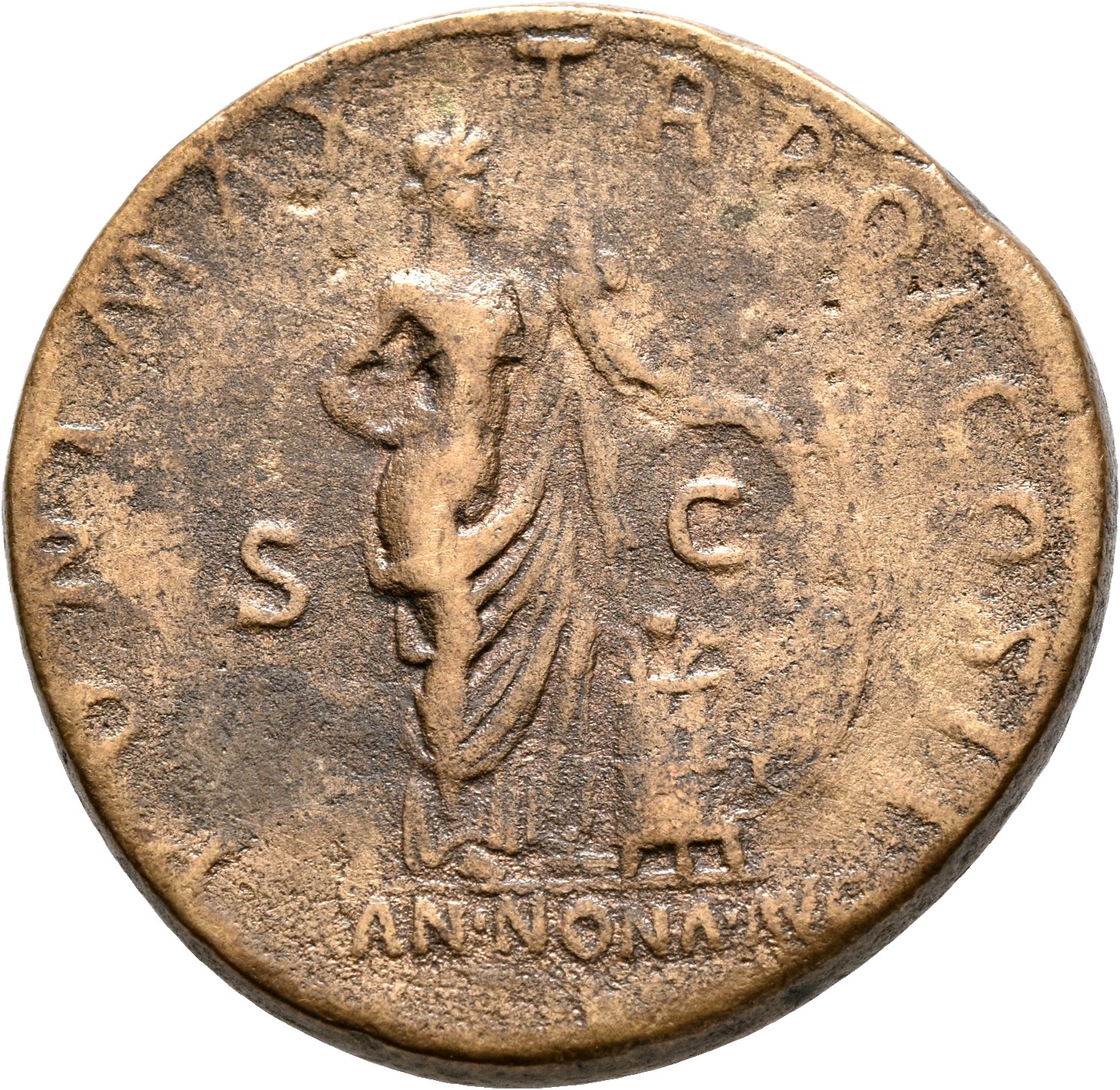 RIC II, Part 3 (second edition) Hadrian 162 Hadrian reverse, Annona standing right, holding cornucopia; at feet to left, m...