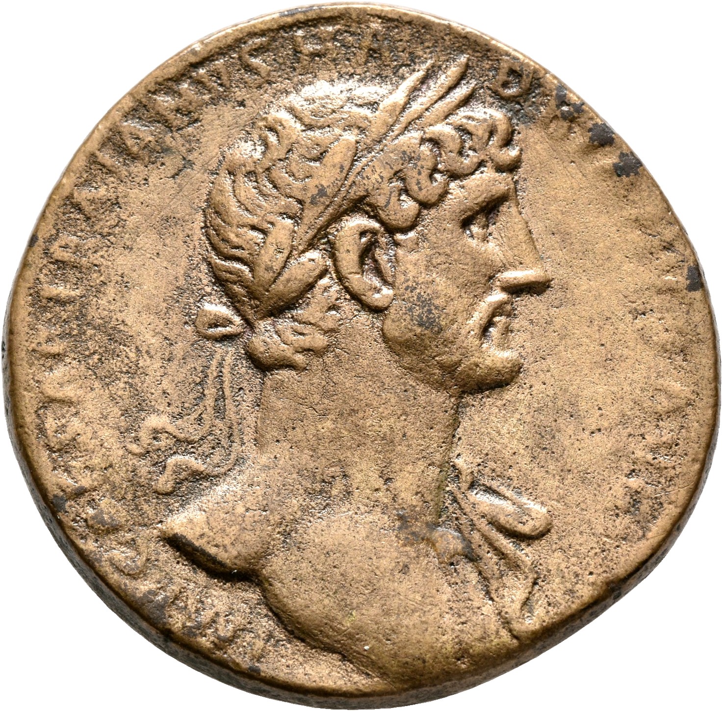 RIC II, Part 3 (second edition) Hadrian 162 Hadrian obverse, Bust of Hadrian, laureate, bare chest, traces of drapery on f...