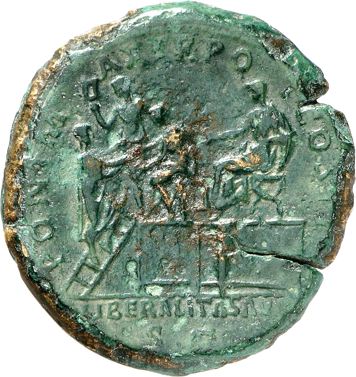 RIC II, Part 3 (second edition) Hadrian 163 Hadrian reverse, Hadrian seated left on curule chair set on platform, extendin...