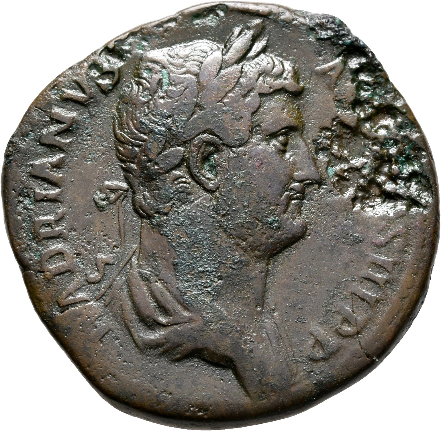 RIC II, Part 3 (second edition) Hadrian 1636 Hadrian obverse, Bust of Hadrian, laureate, draped, right, viewed from rear o...