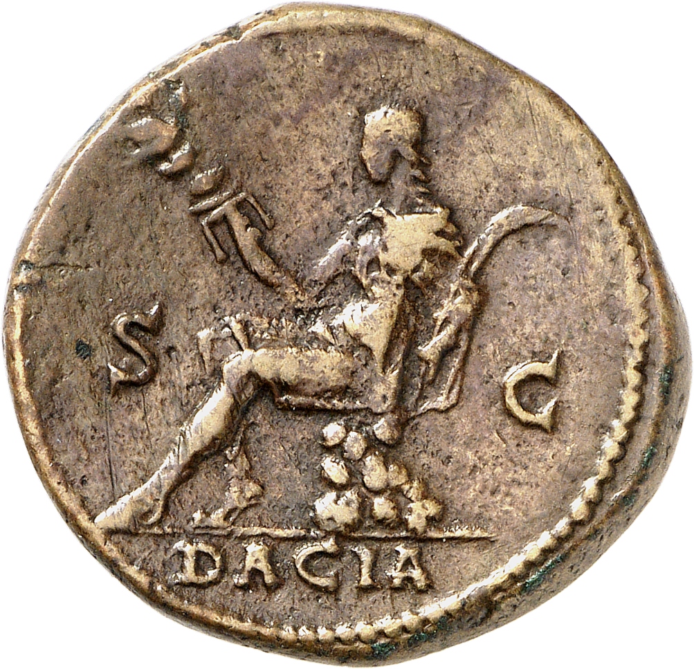 RIC II, Part 3 (second edition) Hadrian 1650 Hadrian reverse, Dacia seated left on rocks, sometimes resting foot on helmet...