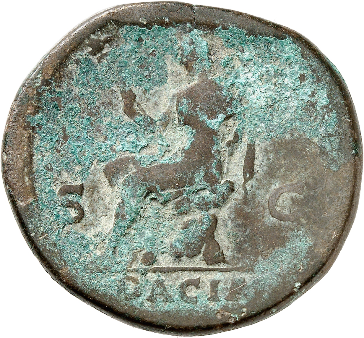 RIC II, Part 3 (second edition) Hadrian 1650 Hadrian reverse, Dacia seated left on rocks, sometimes resting foot on helmet...
