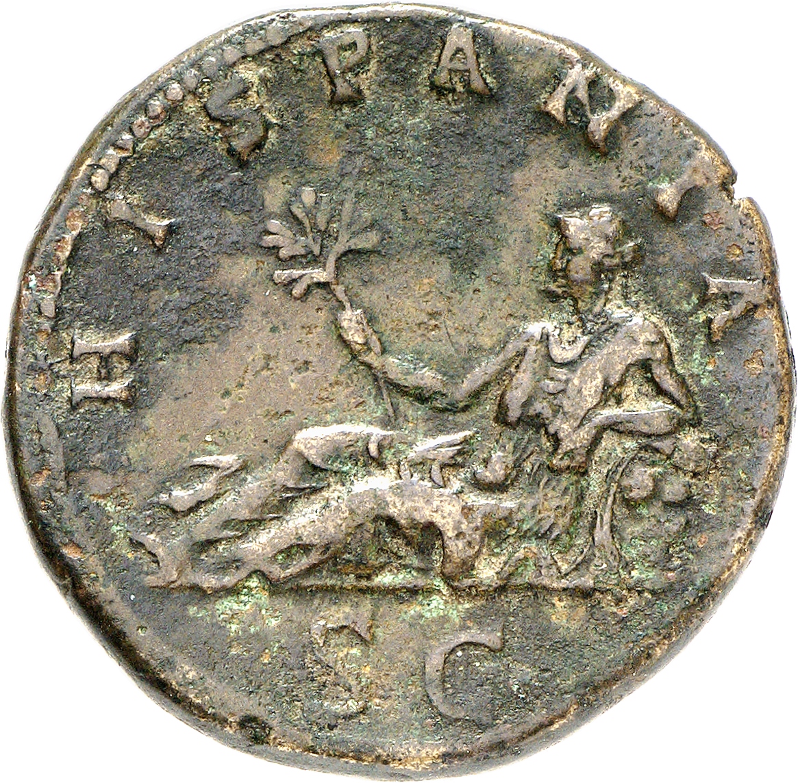 RIC II, Part 3 (second edition) Hadrian 1666 Hadrian reverse, Hispania reclining left, holding olive branch; by feet or to...
