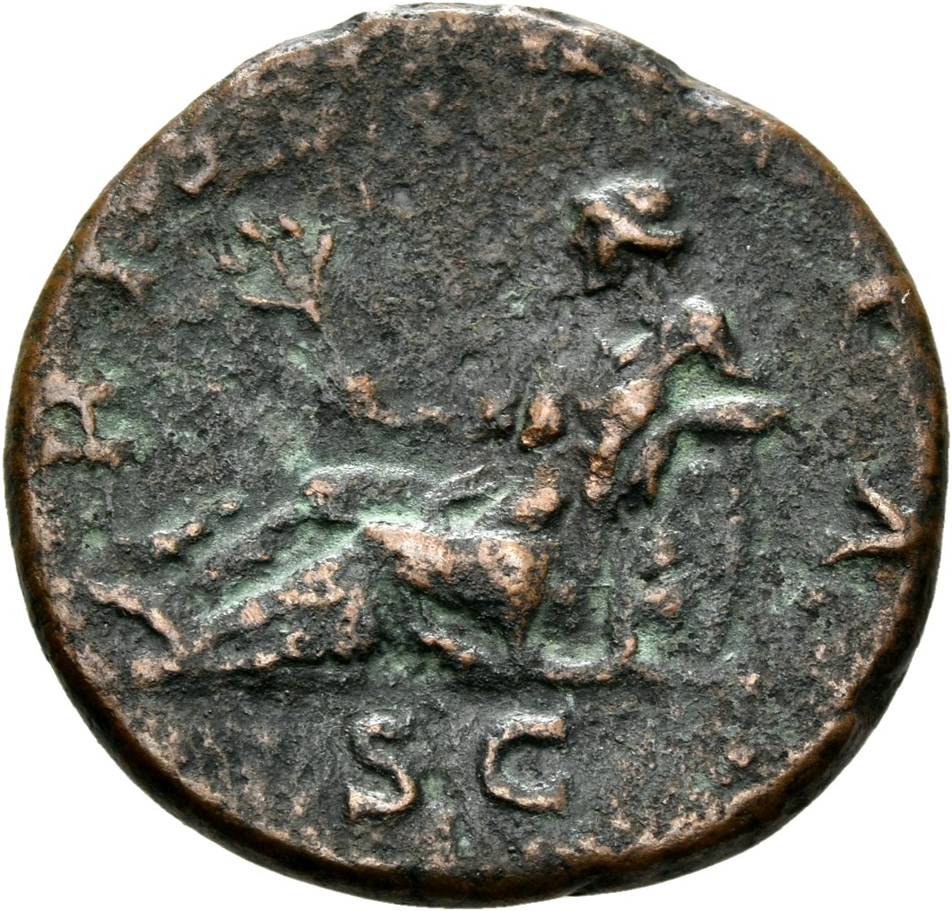 RIC II, Part 3 (second edition) Hadrian 1671 Hadrian reverse, Hispania reclining left, holding olive branch; by feet or to...