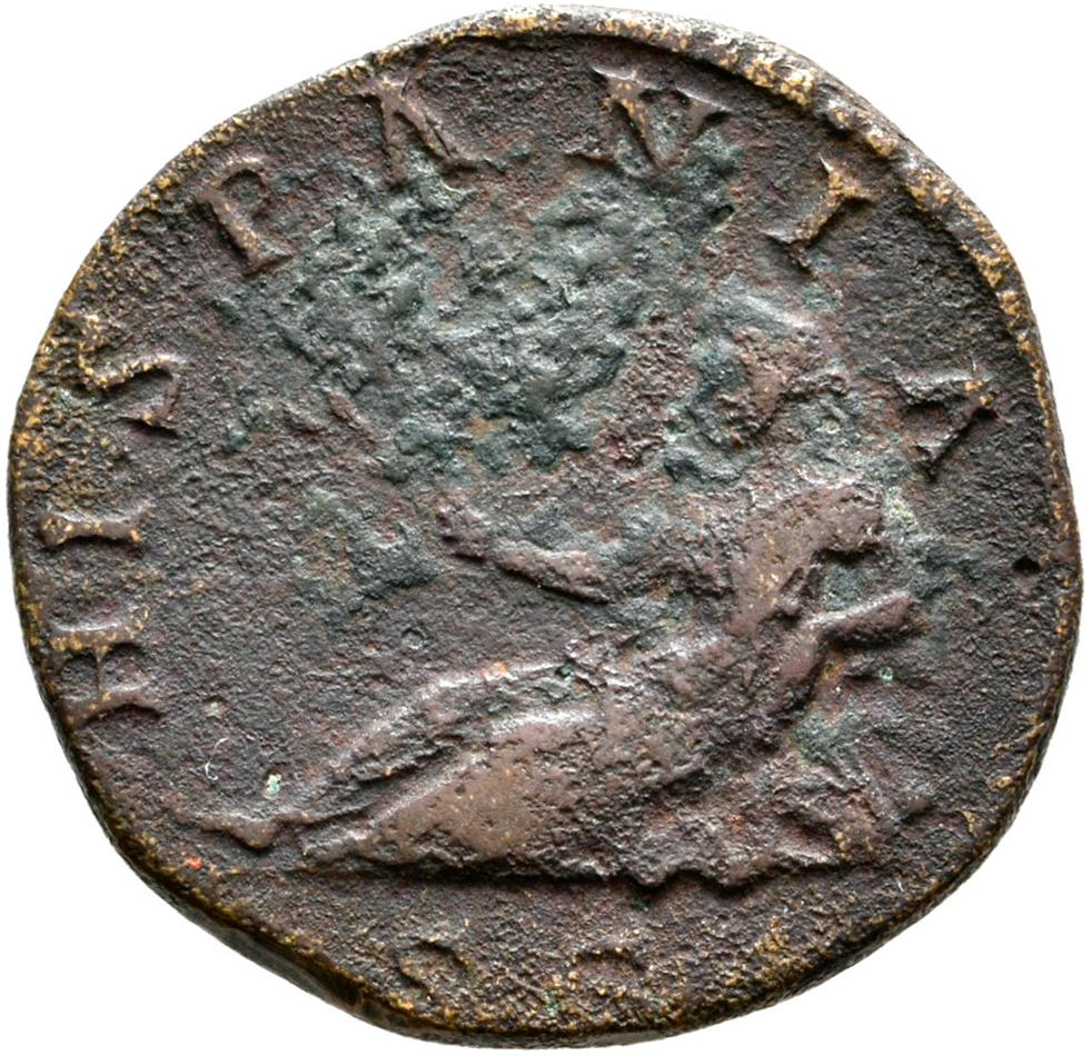 RIC II, Part 3 (second edition) Hadrian 1672 Hadrian reverse, Hispania reclining left, holding olive branch; by feet or to...