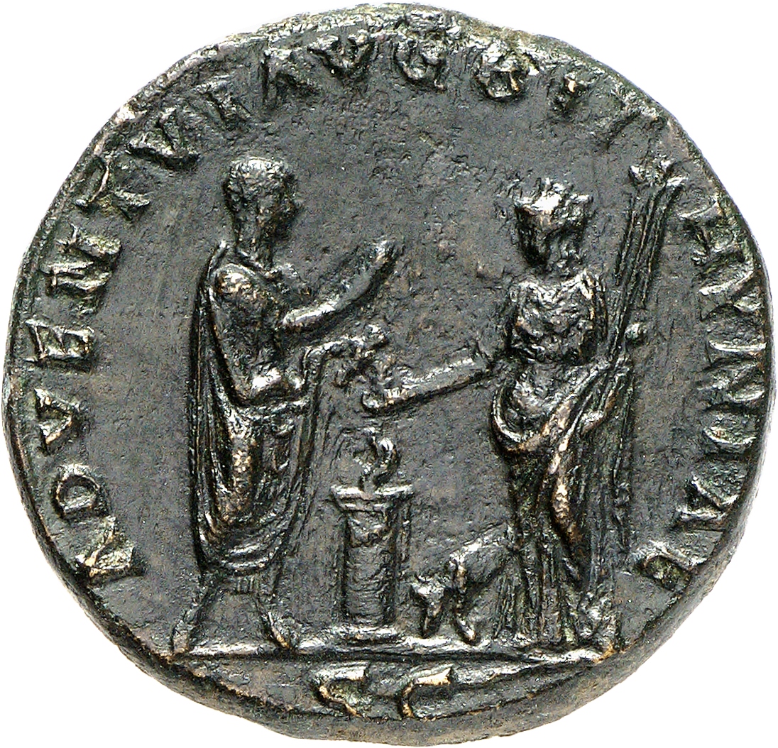 RIC II, Part 3 (second edition) Hadrian 1740 Hadrian reverse, Hadrian standing right, raising hand and holding scroll; fac...