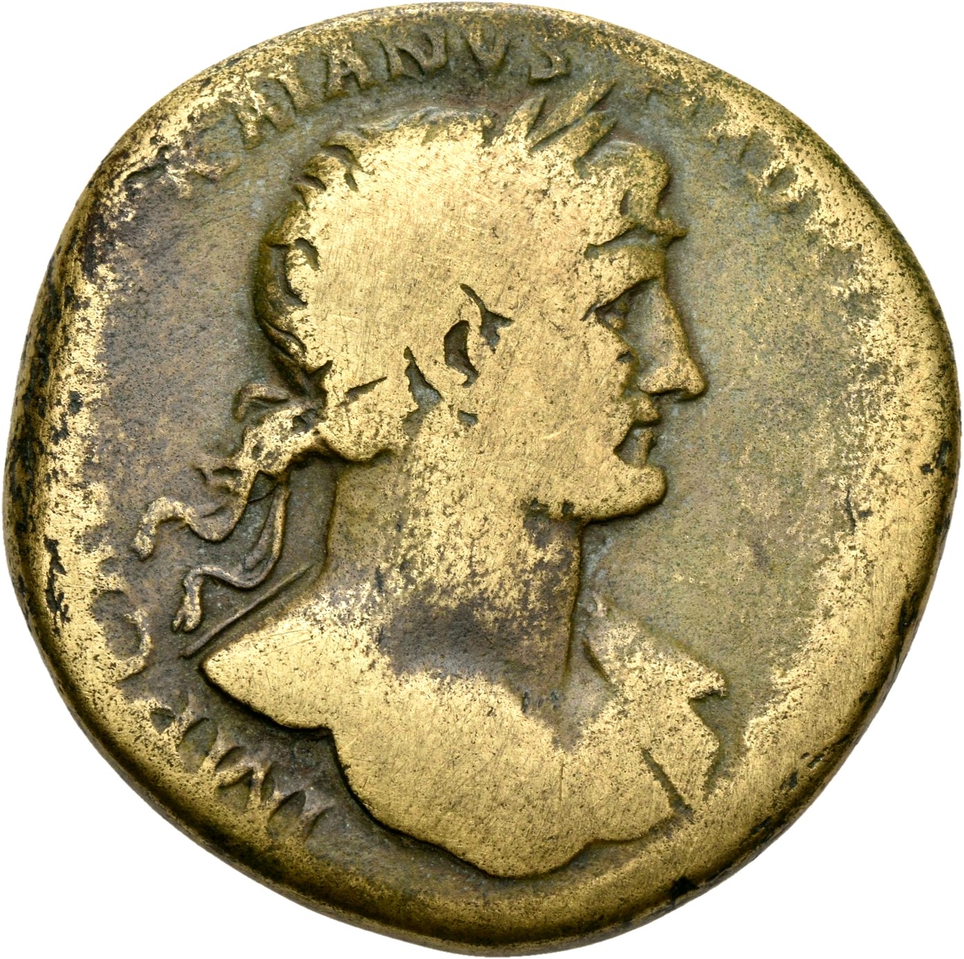 RIC II, Part 3 (second edition) Hadrian 178 Hadrian obverse, Bust of Hadrian, laureate, bare chest, traces of drapery on f...