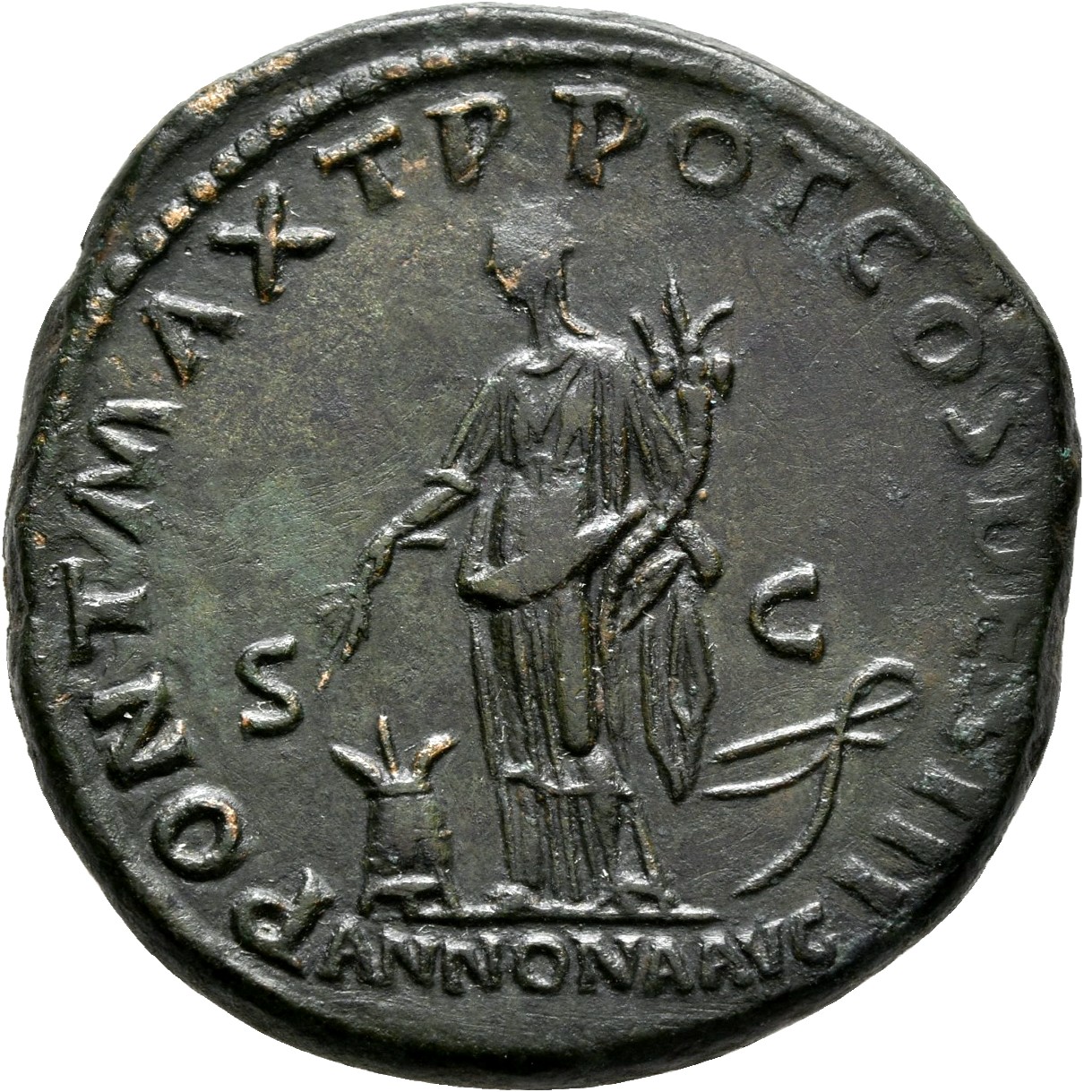 RIC II, Part 3 (second edition) Hadrian 179 Hadrian reverse, Annona standing left, holding corn ears and cornucopia; at fe...