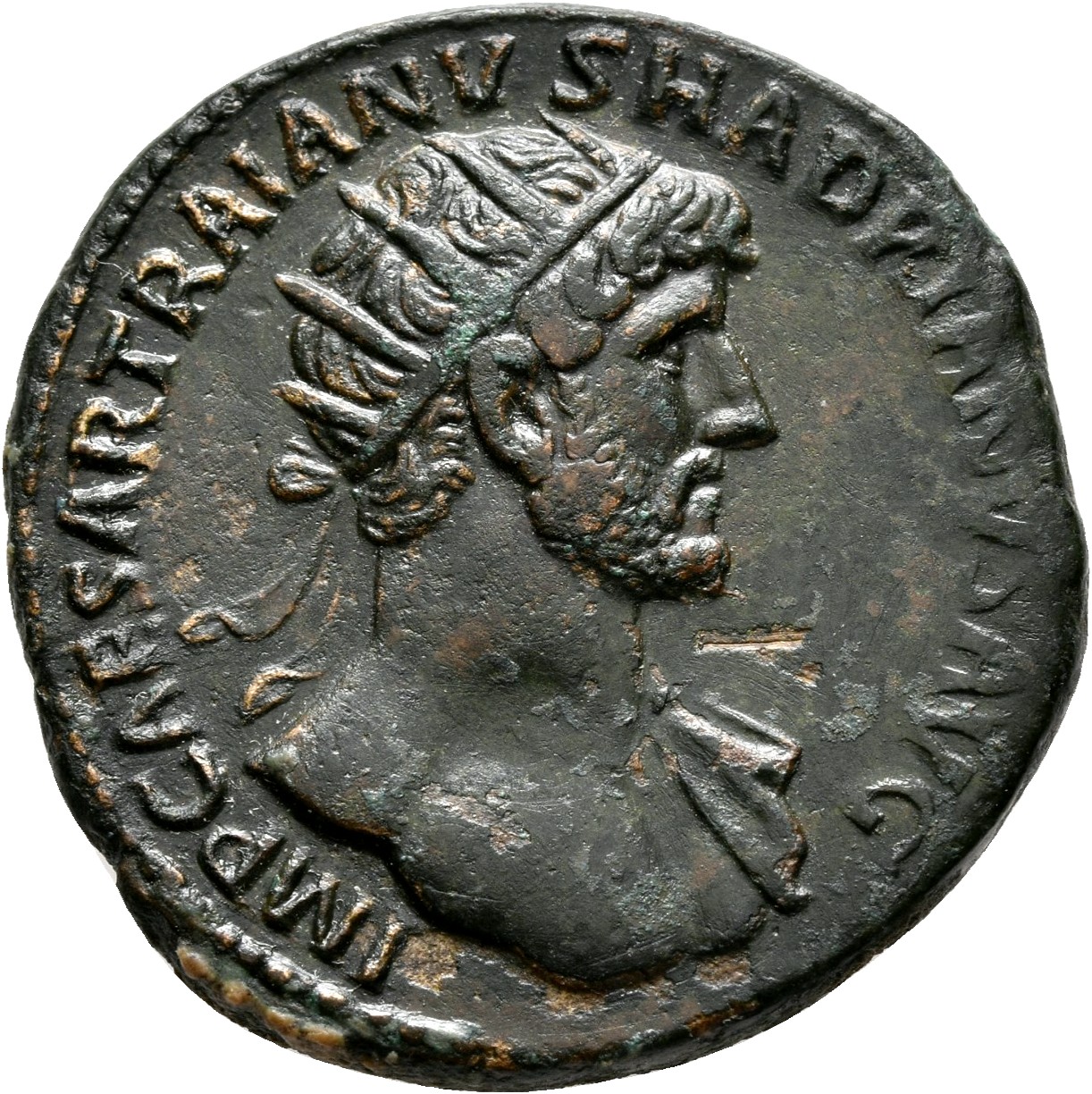 RIC II, Part 3 (second edition) Hadrian 179 Hadrian obverse, Bust of Hadrian, radiate, bare chest, traces of drapery on fa...
