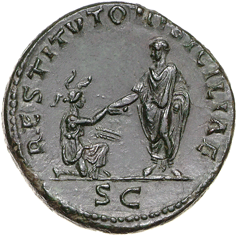 RIC II, Part 3 (second edition) Hadrian 1897 Hadrian reverse, Hadrian standing left, holding scroll and raising kneeling S...