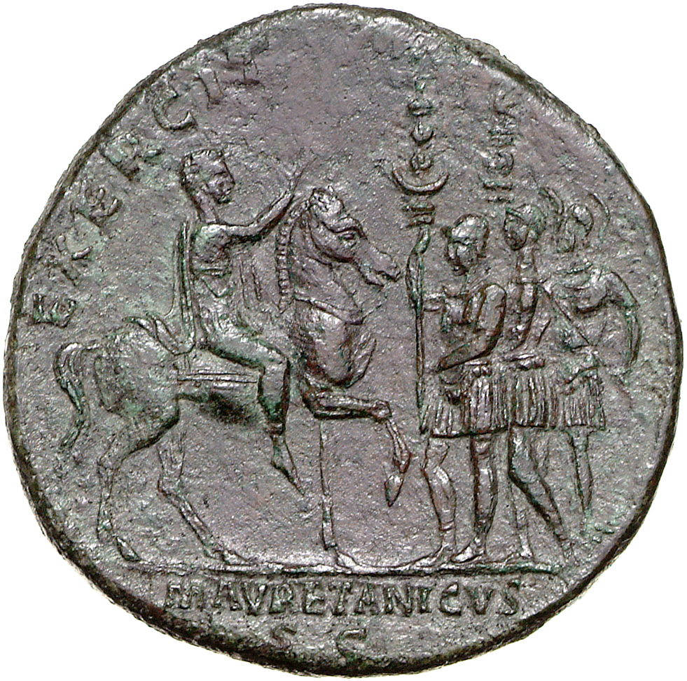RIC II, Part 3 (second edition) Hadrian 1942 Hadrian reverse, Hadrian riding right, raising hand; before him, three or mor...