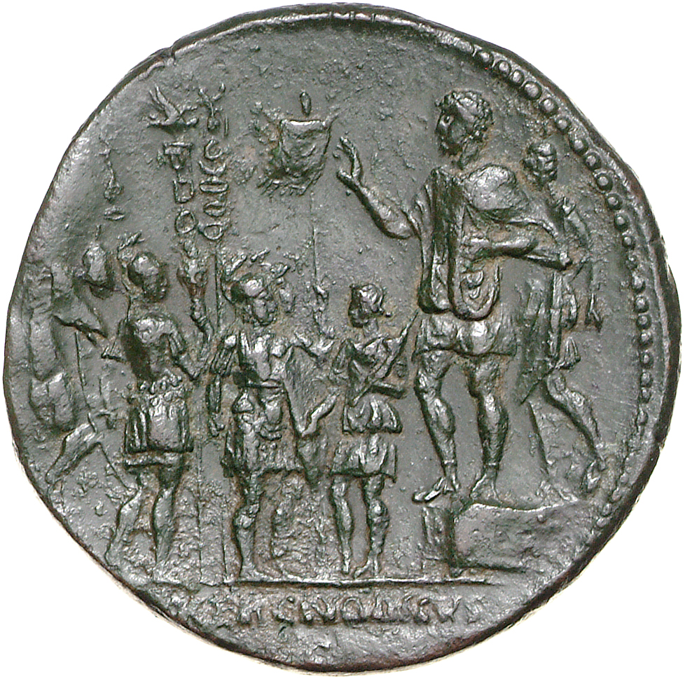 RIC II, Part 3 (second edition) Hadrian 1948 Hadrian reverse, Hadrian standing left on platform, holding scroll and raisin...