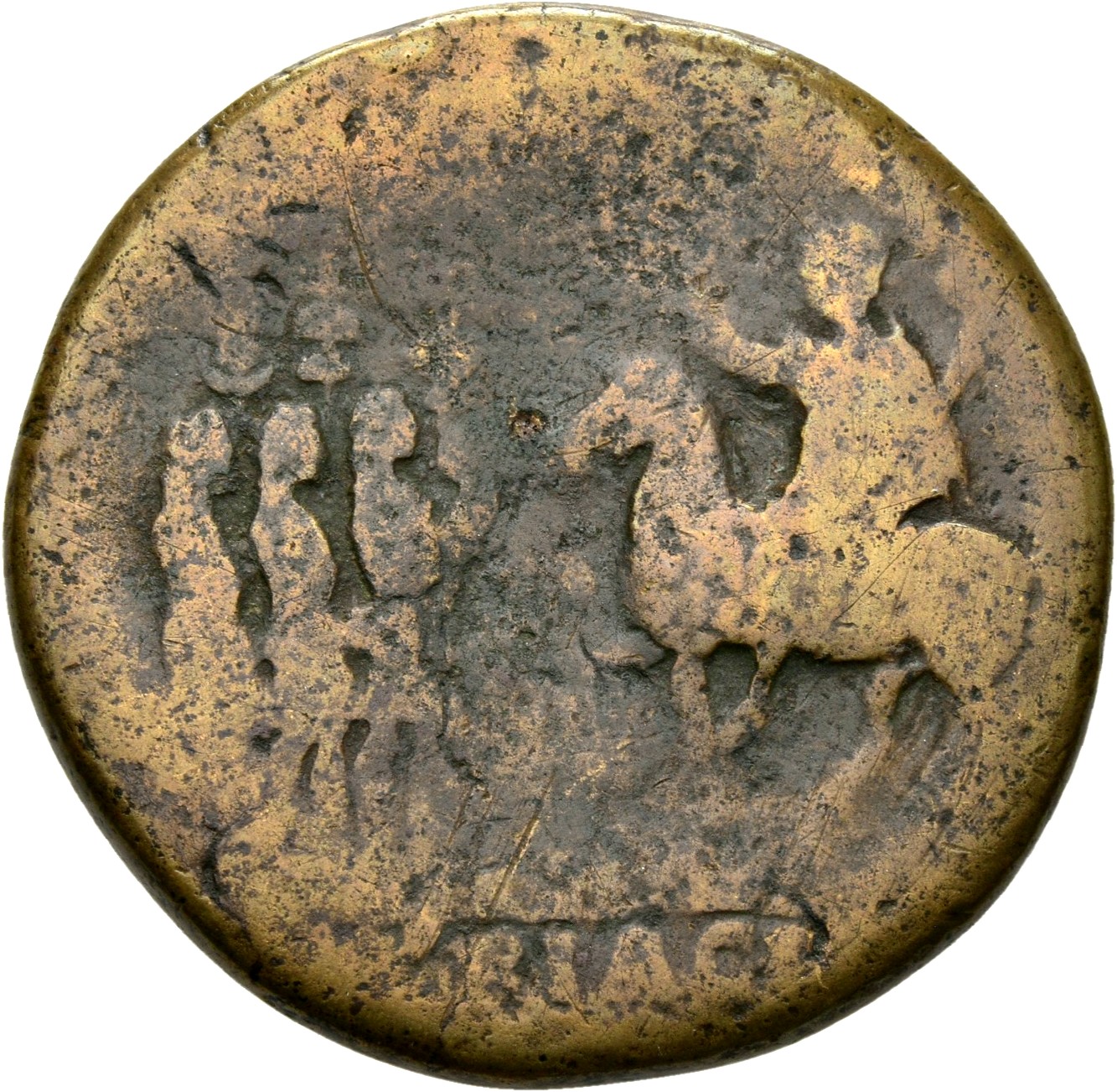 RIC II, Part 3 (second edition) Hadrian 1959 Hadrian reverse, Hadrian riding left, raising hand and holding sceptre; befor...