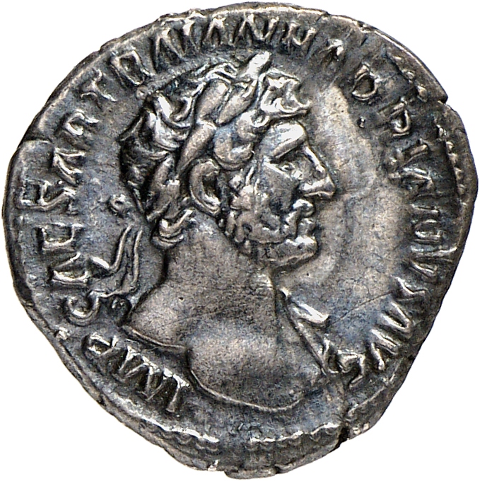 RIC II, Part 3 (second edition) Hadrian 198 Hadrian obverse, Bust of Hadrian, laureate, bare chest, traces of drapery on f...