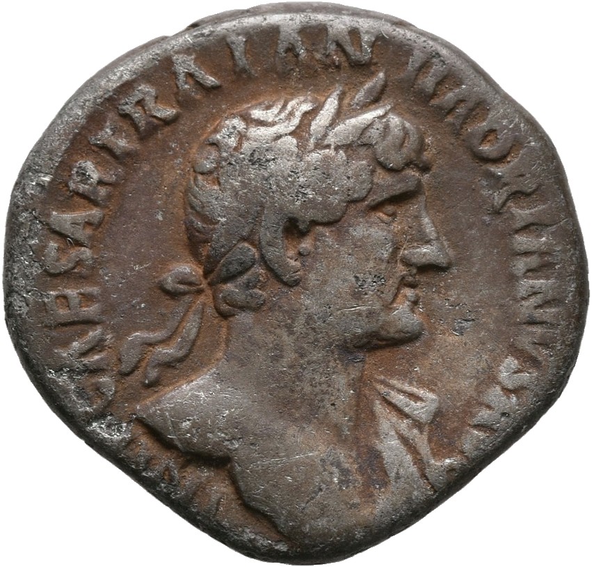 RIC II, Part 3 (second edition) Hadrian 199 Hadrian obverse, Bust of Hadrian, laureate, bare chest, traces of drapery on f...