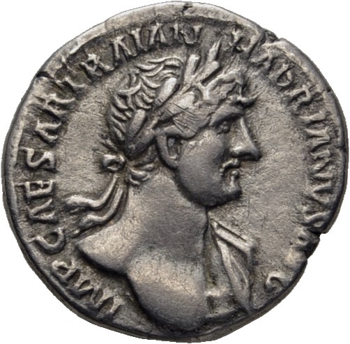 RIC II, Part 3 (second edition) Hadrian 202 Hadrian obverse, Bust of Hadrian, laureate, bare chest, traces of drapery on f...