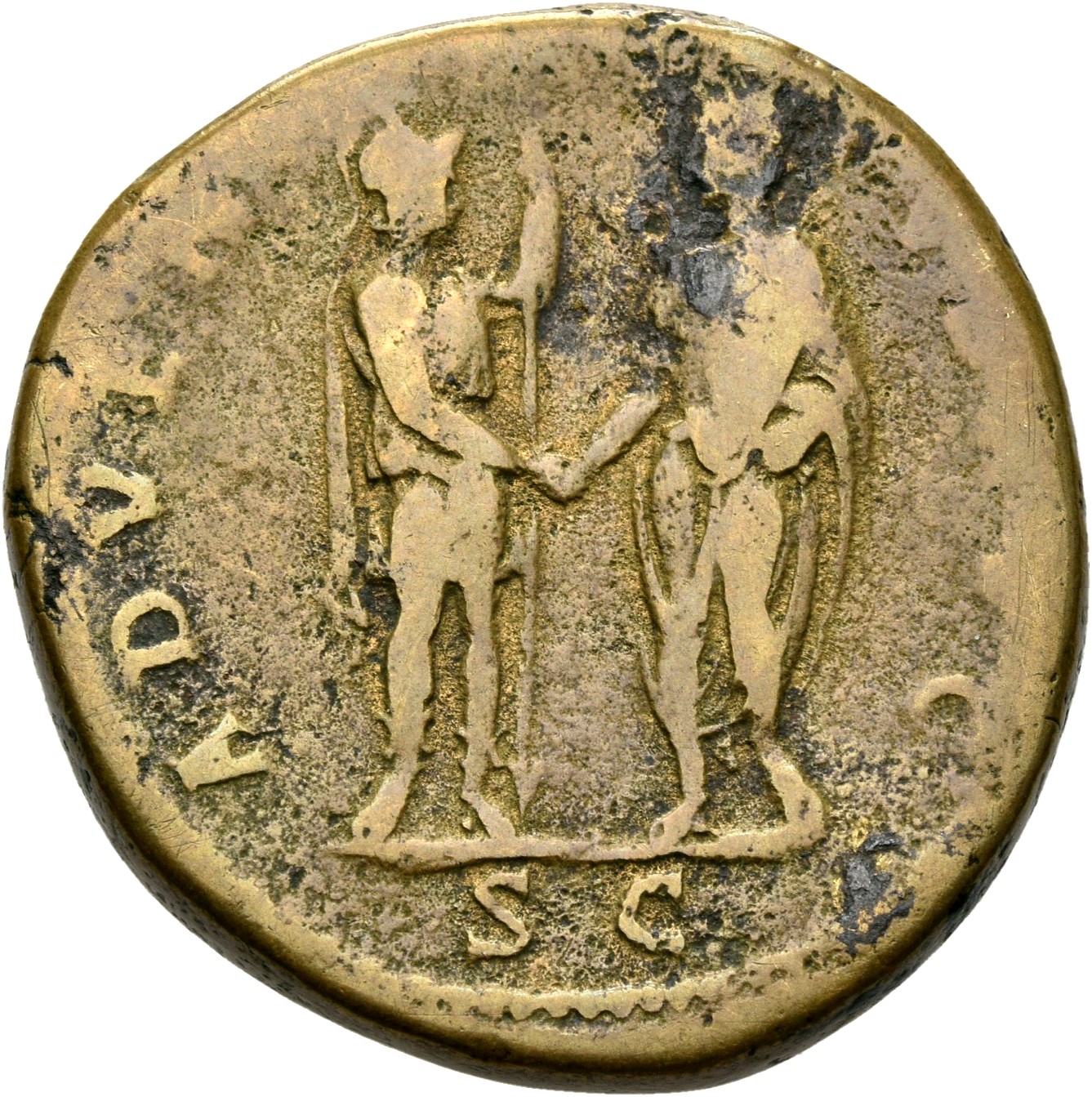 RIC II, Part 3 (second edition) Hadrian 2071 Hadrian reverse, Roma standing right, holding spear and greeting Hadrian, sta...