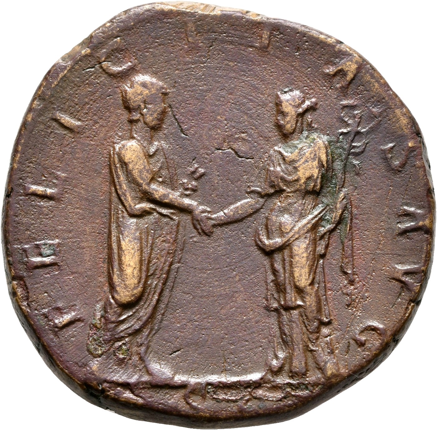 RIC II, Part 3 (second edition) Hadrian 2087 Hadrian reverse, Hadrian standing right, holding scroll and greeting Felicita...