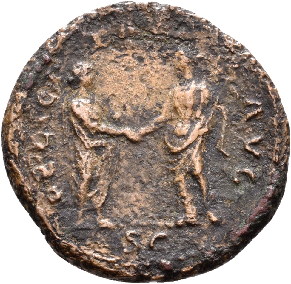 RIC II, Part 3 (second edition) Hadrian 2092 Hadrian reverse, Hadrian standing right, holding scroll and greeting Felicita...