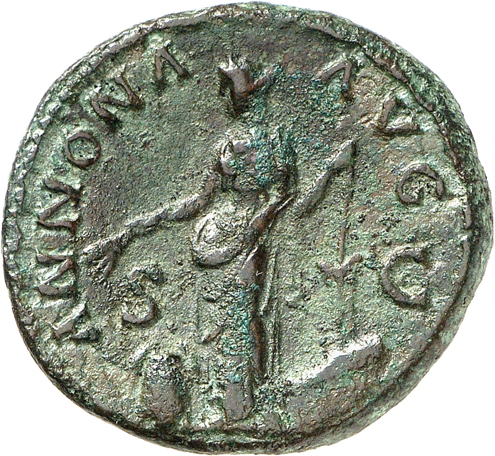 RIC II, Part 3 (second edition) Hadrian 2143 Hadrian reverse, Annona standing left, holding corn ears and rudder set on pr...