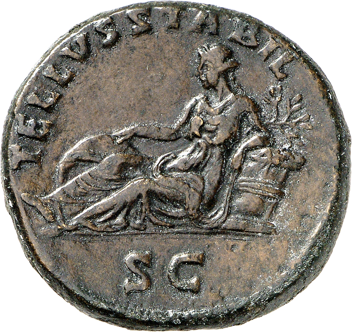 RIC II, Part 3 (second edition) Hadrian 2176 Hadrian reverse, Tellus, reclining left against basket of fruit, resting hand...