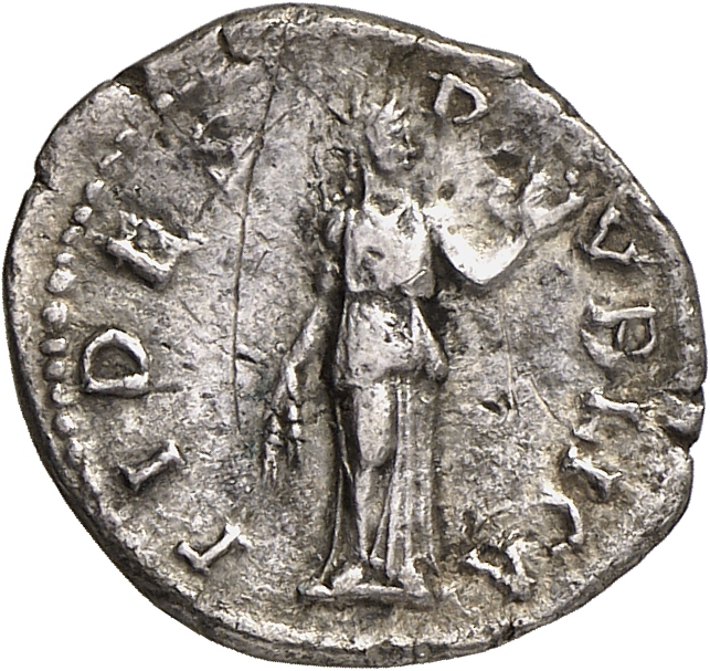 RIC II, Part 3 (second edition) Hadrian 2200 Hadrian reverse, Fides standing right, holding corn ears and dish of fruits