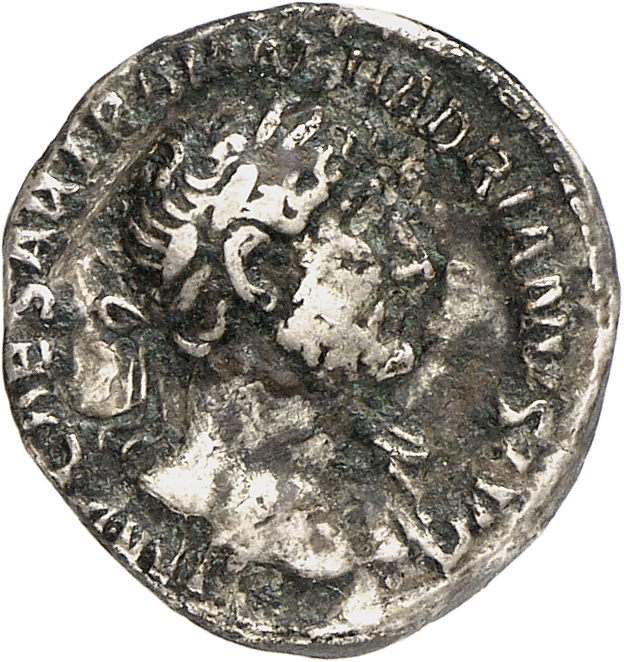 RIC II, Part 3 (second edition) Hadrian 225 Hadrian obverse, Bust of Hadrian, laureate, bare chest, traces of drapery on f...