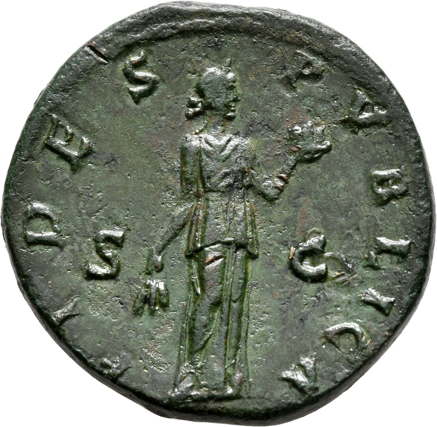 RIC II, Part 3 (second edition) Hadrian 2266 Hadrian reverse, Fides standing right, holding corn ears or poppies and dish ...