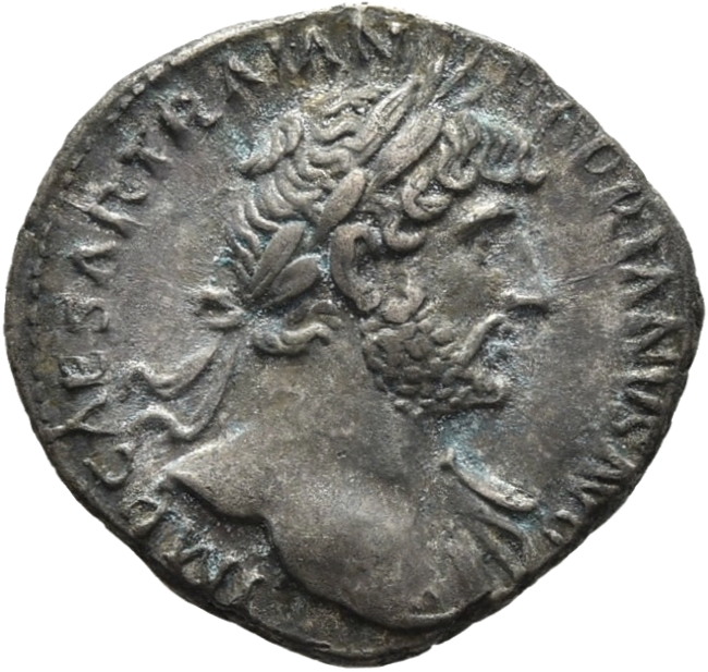 RIC II, Part 3 (second edition) Hadrian 229 Hadrian obverse, Bust of Hadrian, laureate, bare chest, traces of drapery on f...