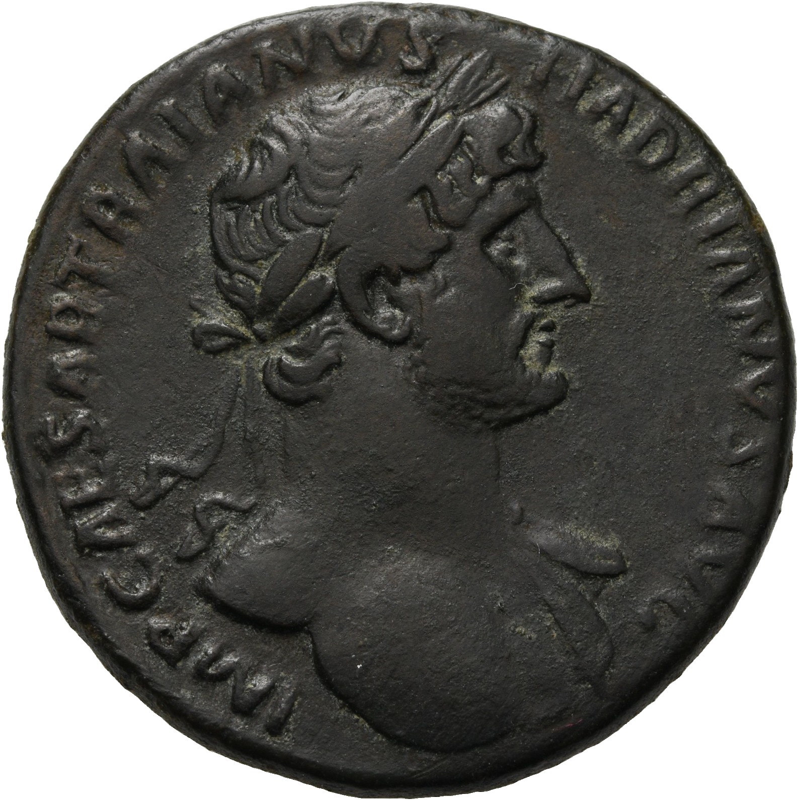 RIC II, Part 3 (second edition) Hadrian 236 Hadrian obverse, Bust of Hadrian, laureate, bare chest, traces of drapery on f...