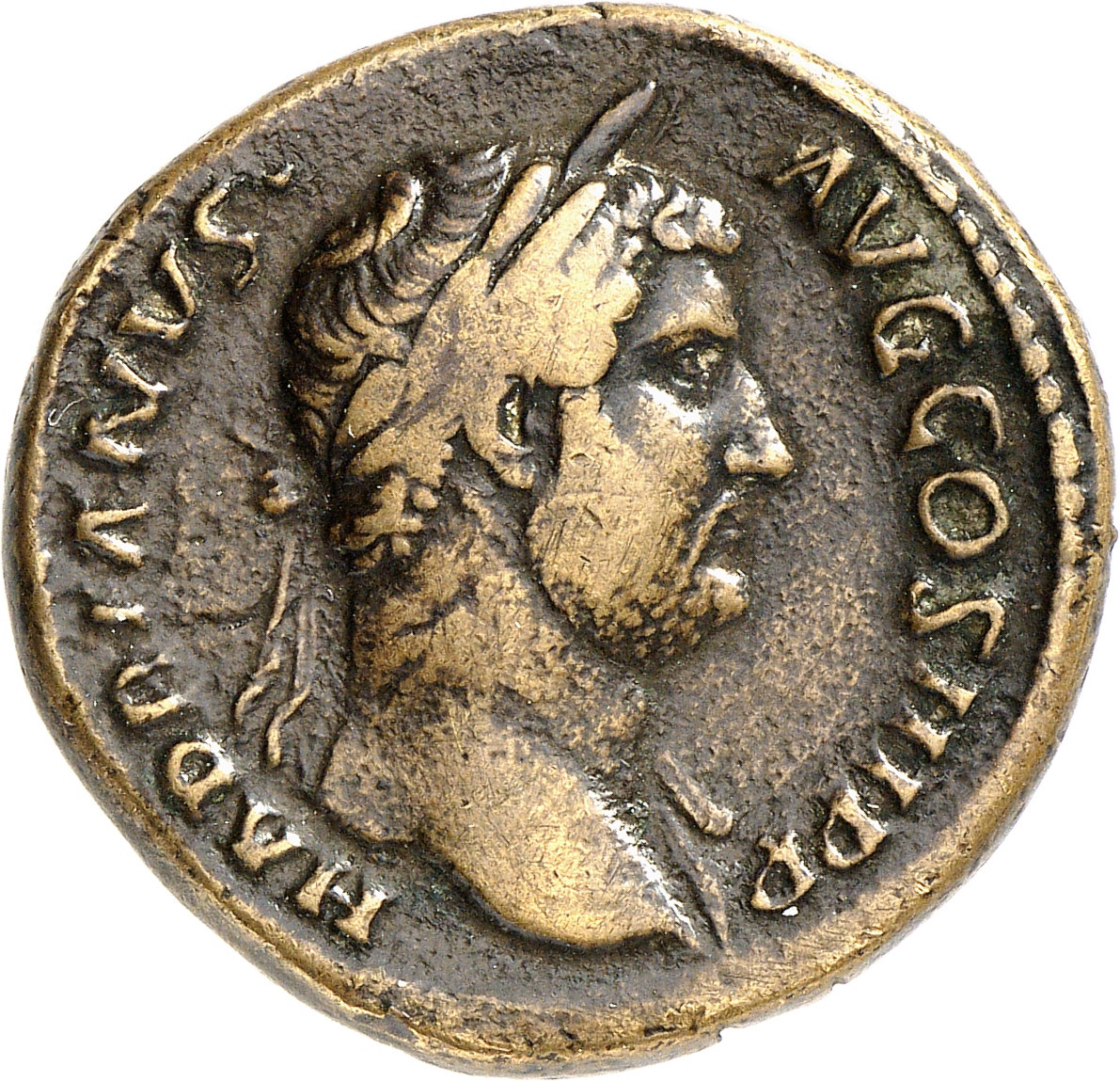 RIC II, Part 3 (second edition) Hadrian 2399 Hadrian obverse, Bust of Hadrian, laureate, bare chest, traces of drapery on ...