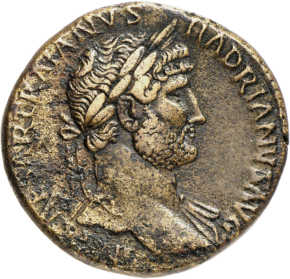 RIC II, Part 3 (second edition) Hadrian 244 Hadrian obverse, Bust of Hadrian, laureate, bare chest, traces of drapery on f...