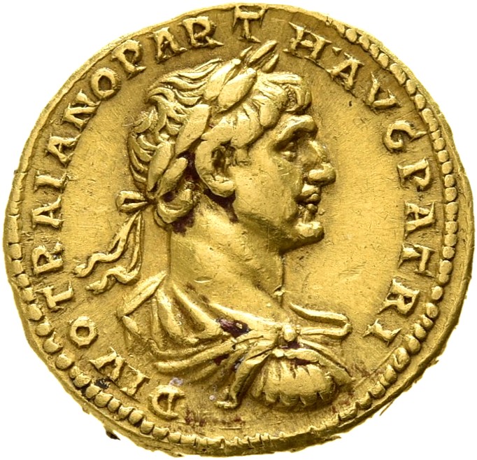 RIC II, Part 3 (second edition) Hadrian 2453 Hadrian obverse, Bust of Trajan, laureate, draped and cuirassed, right, viewe...