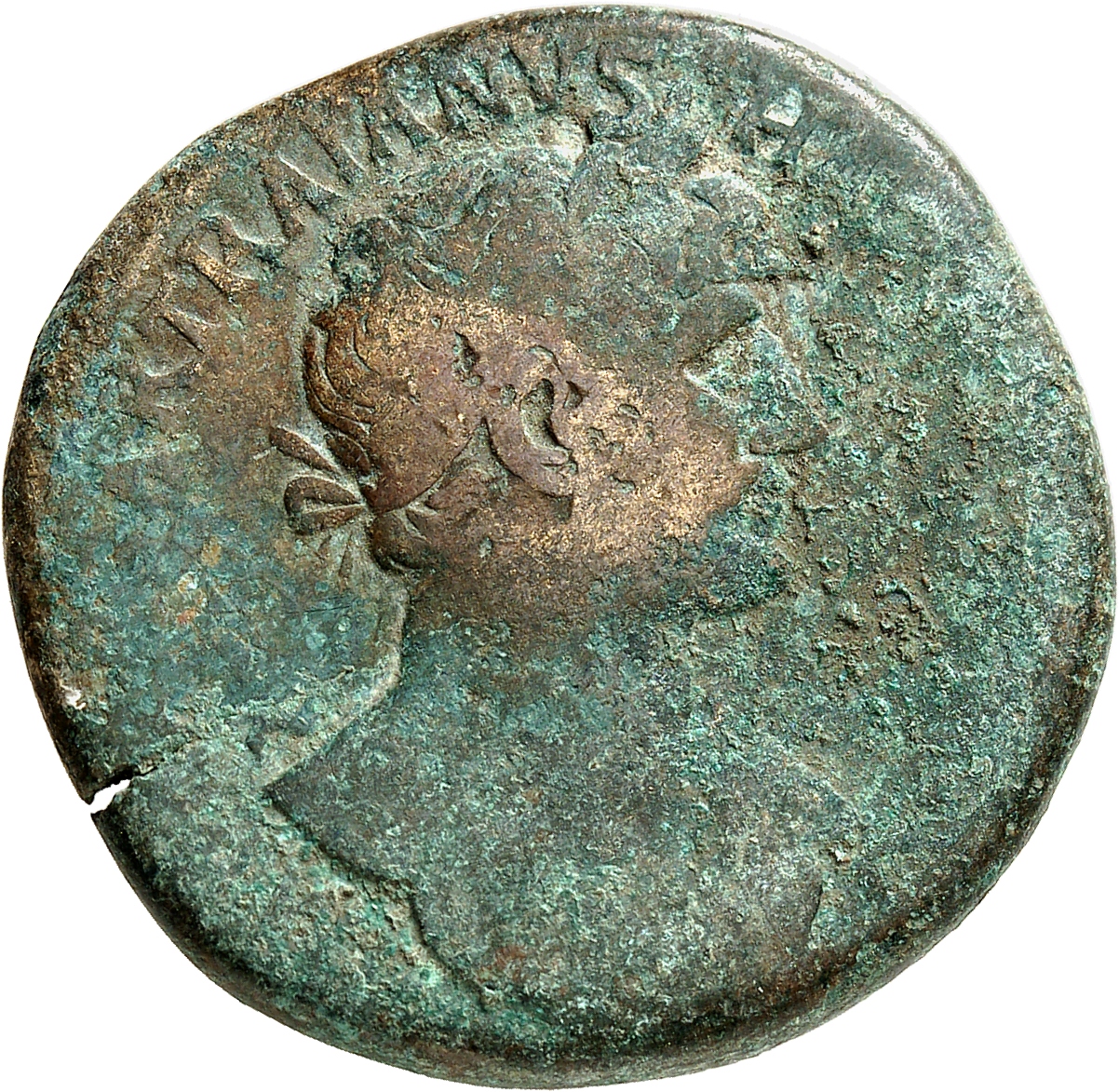 RIC II, Part 3 (second edition) Hadrian 249 Hadrian obverse, Bust of Hadrian, laureate, bare chest, traces of drapery on f...