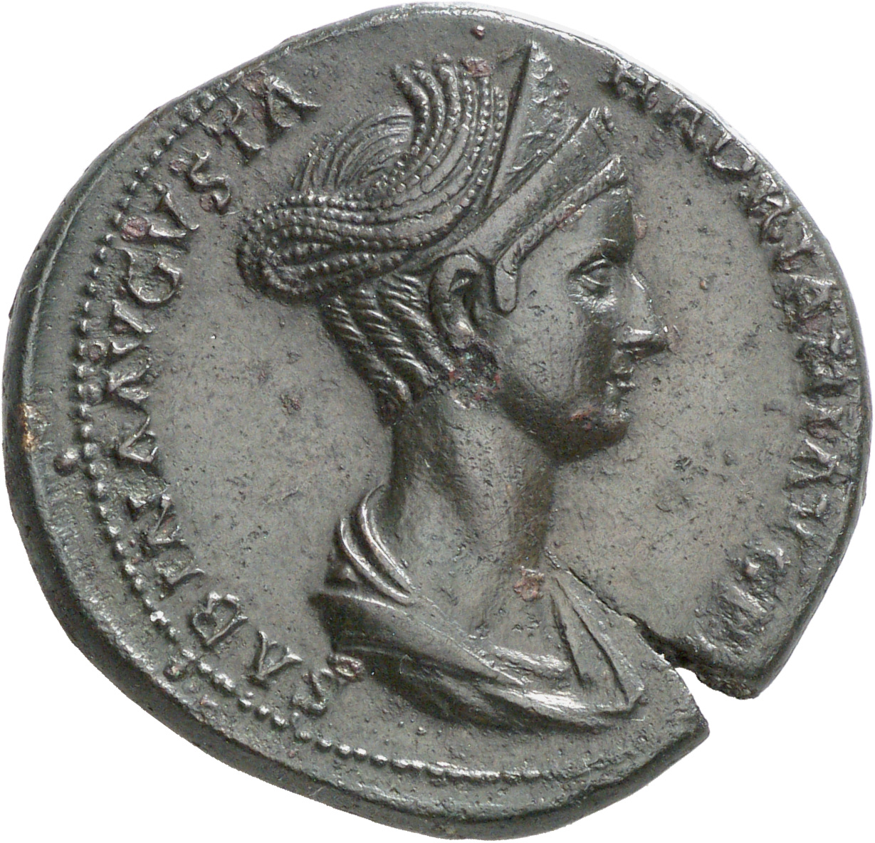 RIC II, Part 3 (second edition) Hadrian 2493 Hadrian obverse, Bust of Sabina, wearing double stephane with hair braided an...