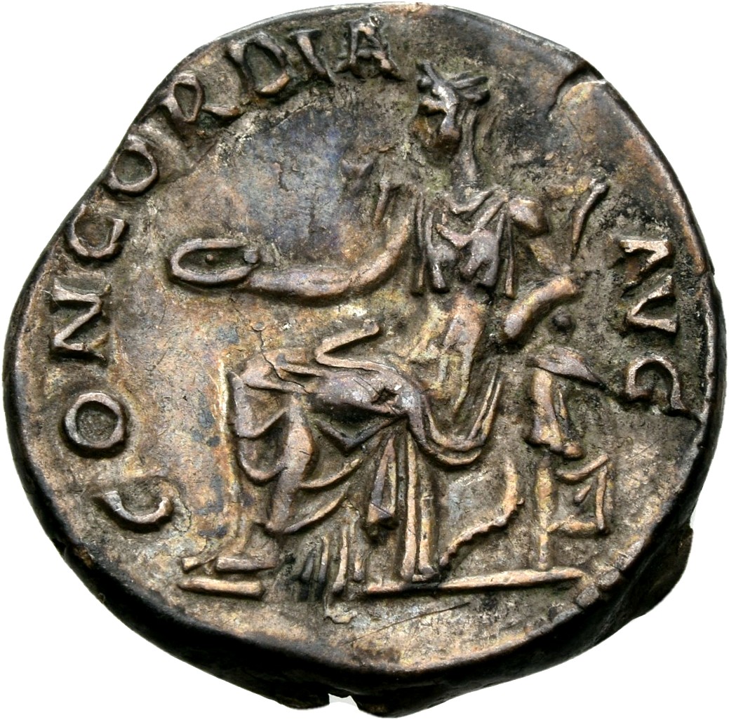 RIC II, Part 3 (second edition) Hadrian 2498 Hadrian reverse, Concordia seated left, holding patera and resting arm on Spe...
