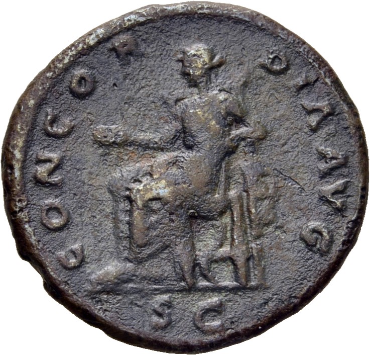 RIC II, Part 3 (second edition) Hadrian 2516 Hadrian reverse, Concordia seated left, holding patera and resting arm on Spe...