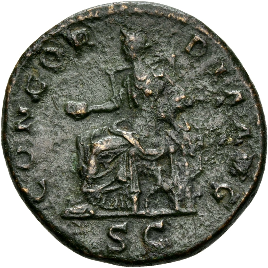 RIC II, Part 3 (second edition) Hadrian 2519 Hadrian reverse, Concordia seated left, holding patera and resting arm on Spe...