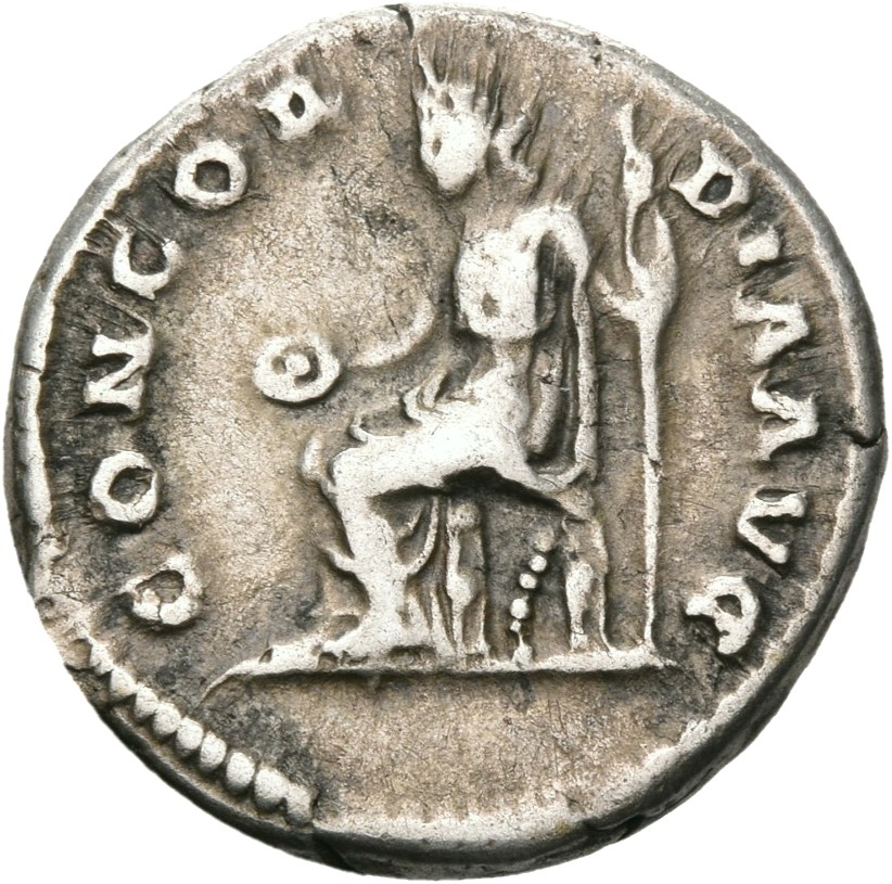 RIC II, Part 3 (second edition) Hadrian 2548 Hadrian reverse, Concordia seated left, holding patera and sceptre; below sea...