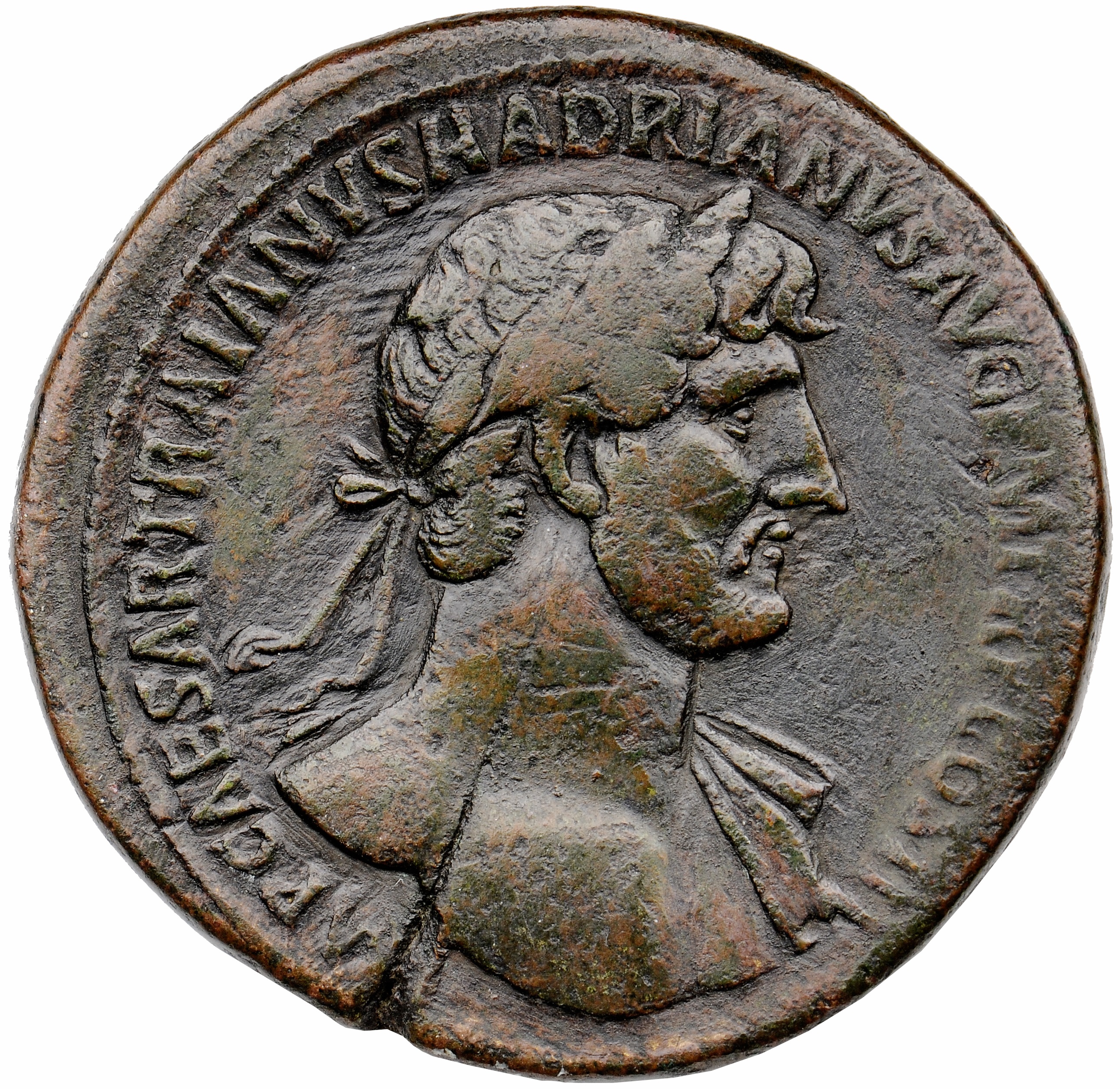 RIC II, Part 3 (second edition) Hadrian 260 Hadrian obverse, Bust of Hadrian, laureate, bare chest, traces of drapery on f...