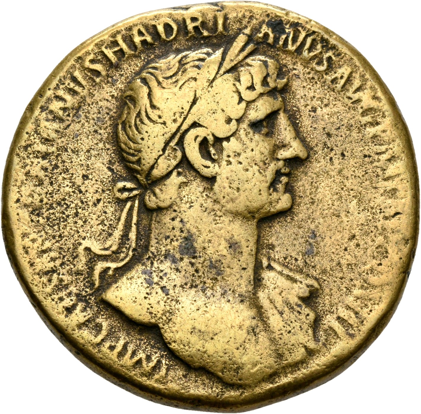 RIC II, Part 3 (second edition) Hadrian 260 Hadrian obverse, Bust of Hadrian, laureate, bare chest, traces of drapery on f...