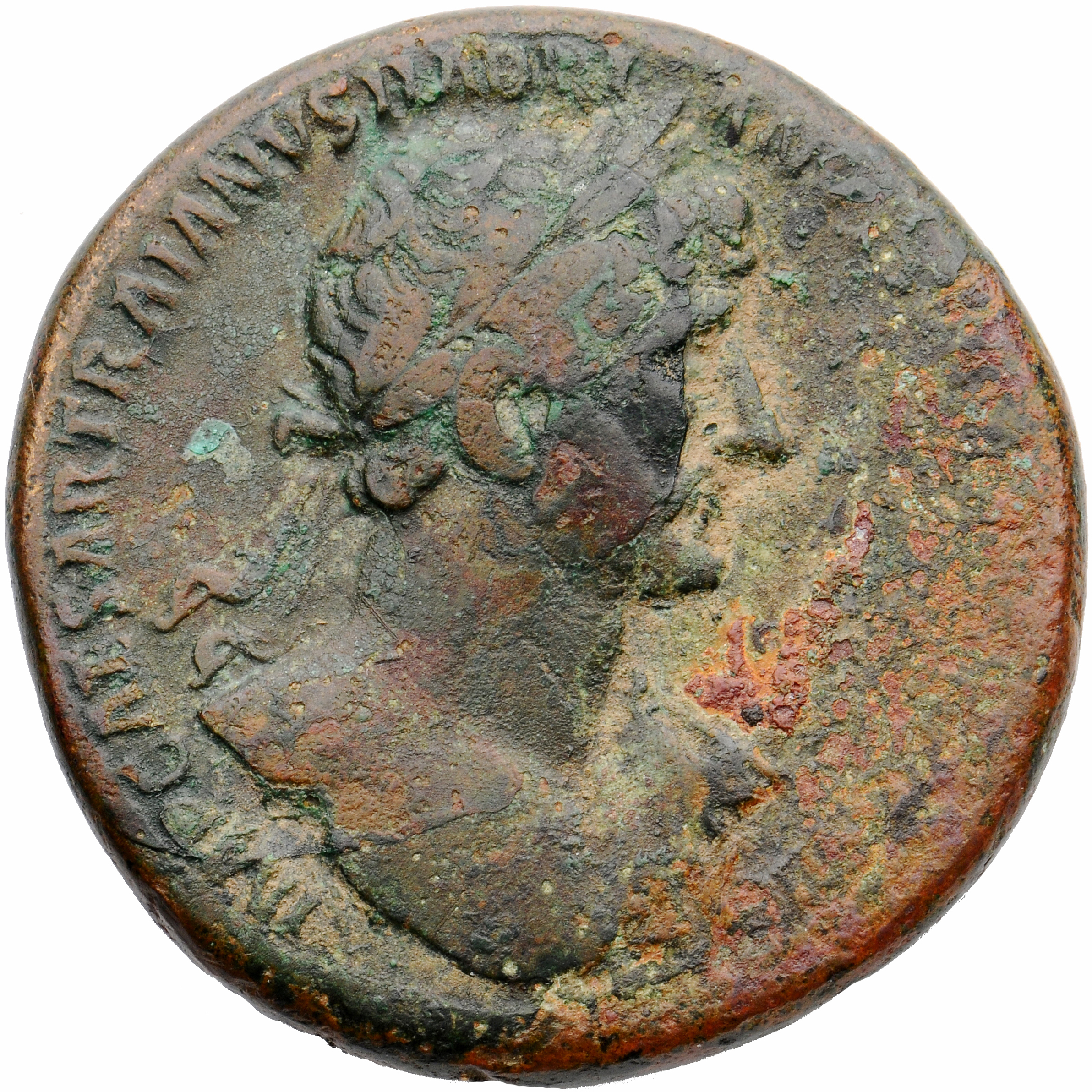 RIC II, Part 3 (second edition) Hadrian 264 Hadrian obverse, Bust of Hadrian, laureate, bare chest, traces of drapery on f...