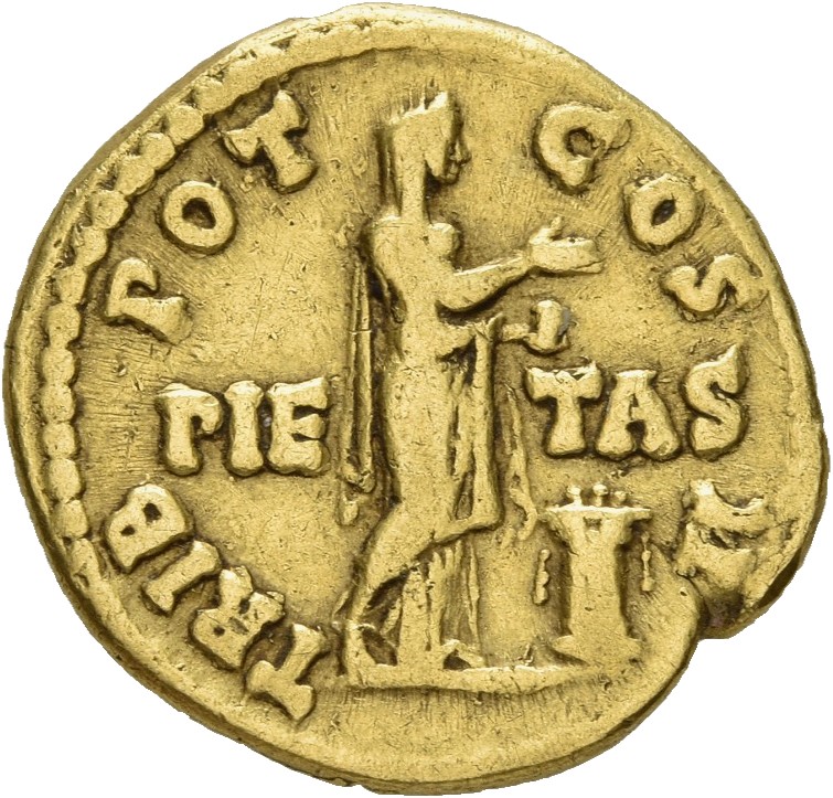 RIC II, Part 3 (second edition) Hadrian 2713 Hadrian reverse, Pietas standing right, raising hand and holding incense box;...