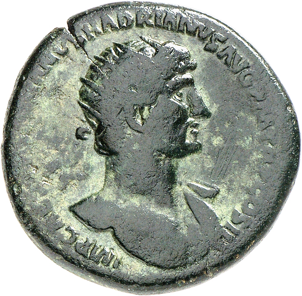 RIC II, Part 3 (second edition) Hadrian 276 Hadrian obverse, Bust of Hadrian, radiate, bare chest, traces of drapery on fa...