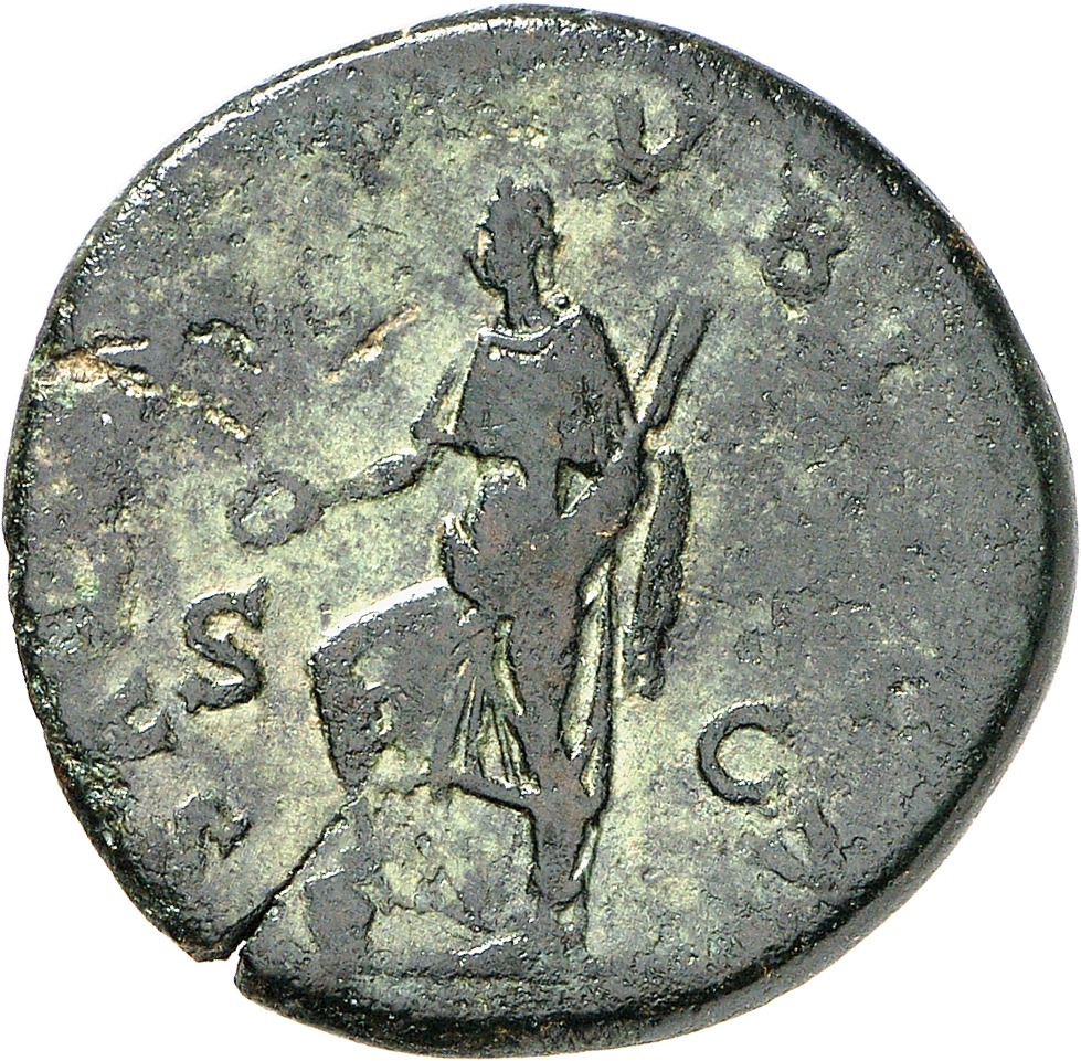 RIC II, Part 3 (second edition) Hadrian 276 Hadrian reverse, Salus, standing left, stepping on globe, holding patera and h...