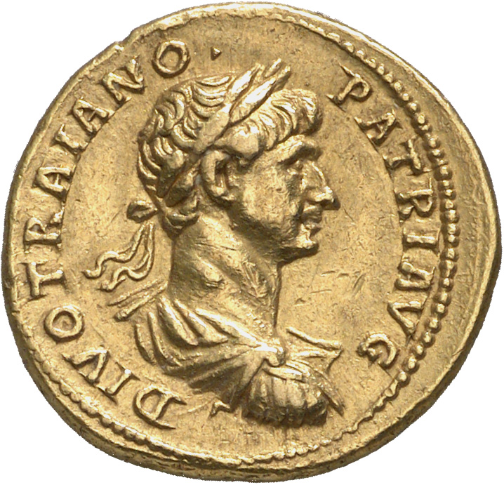 RIC II, Part 3 (second edition) Hadrian 28 Hadrian reverse, Bust of Divus Trajan, laureate, draped, cuirassed, right