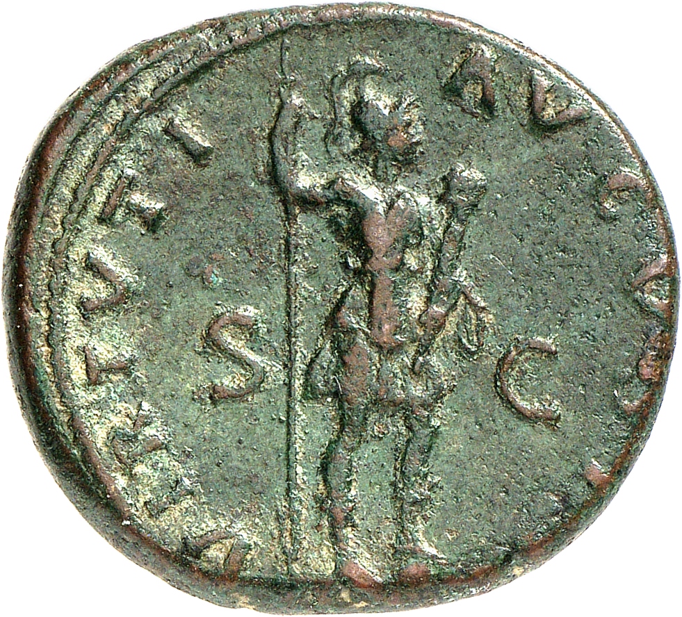 RIC II, Part 3 (second edition) Hadrian 280 Hadrian reverse, Virtus standing right, resting foot on helmet, holding spear ...